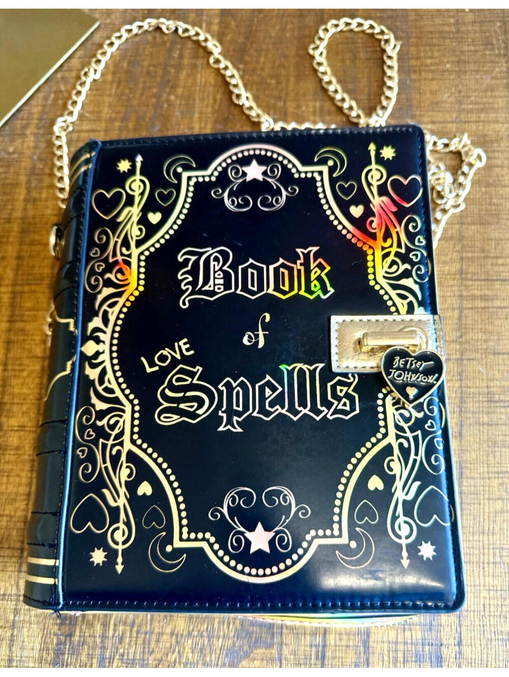 Rare Betsey Johnson Kitsch Book of Spells Crossbody Bag Black Gold Chain Gothic